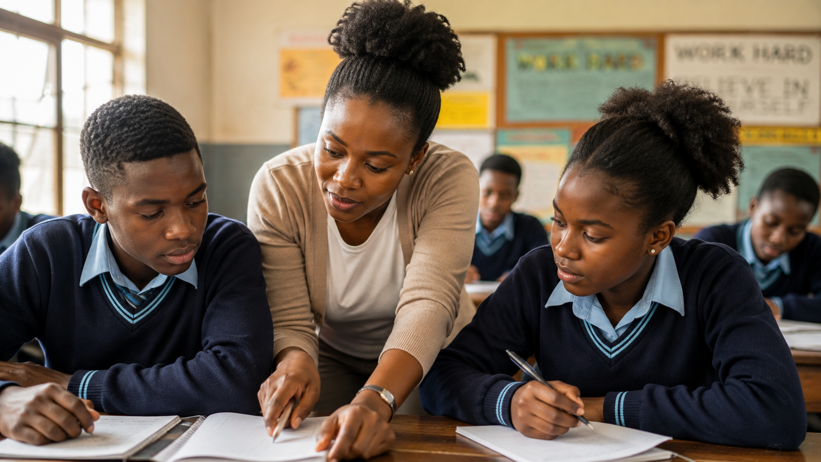 Teacher supporting township high school learners in a classroom